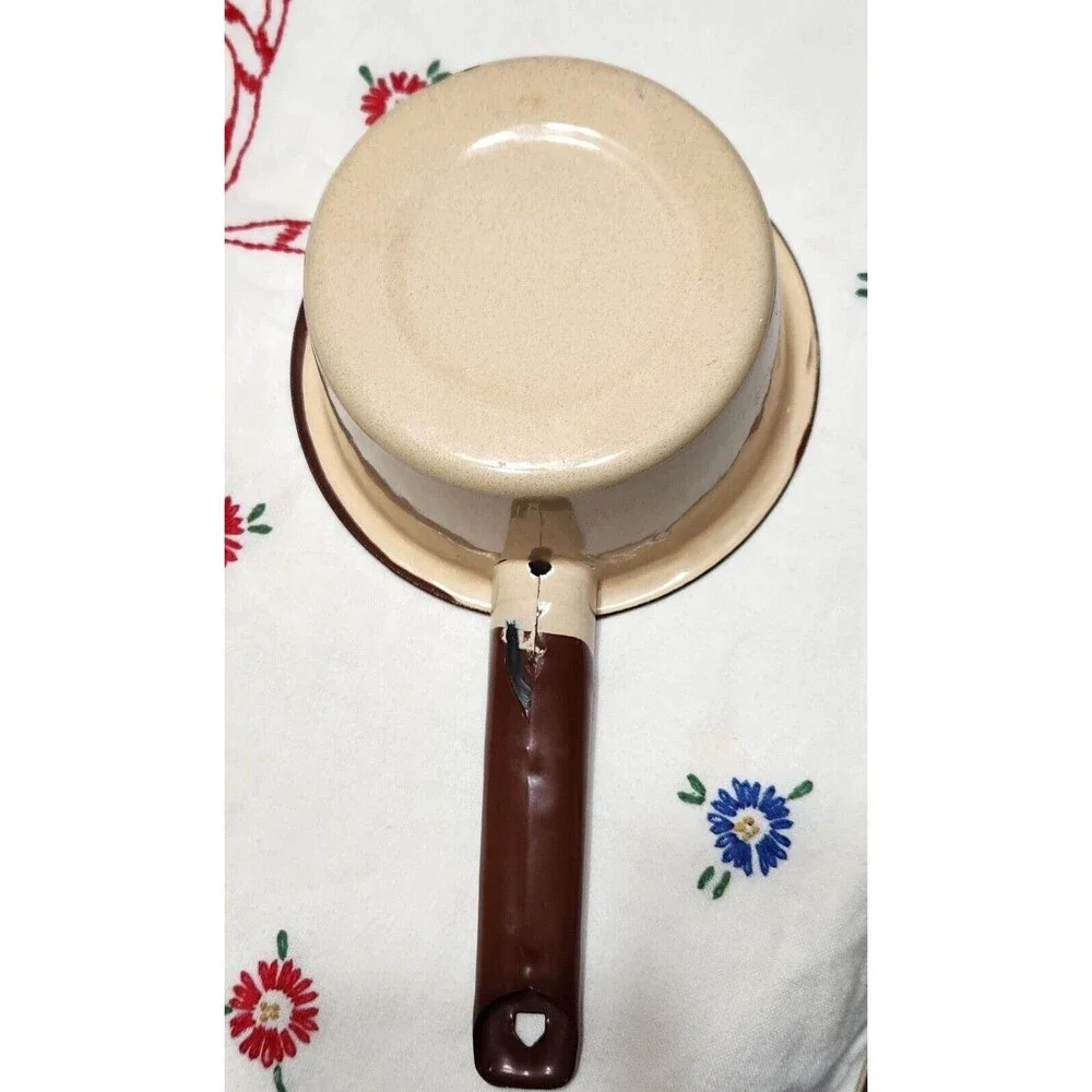 Set of 2 Enamelware Sauce Pans Light Speckle Beige & Brown Enamel